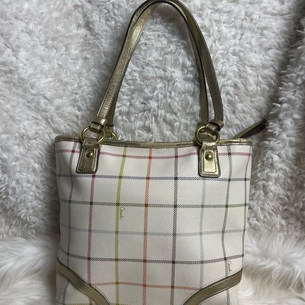 Coach Peyton Tattersal PVC Beige Plaid  Shoulder Purse gold trims & straps